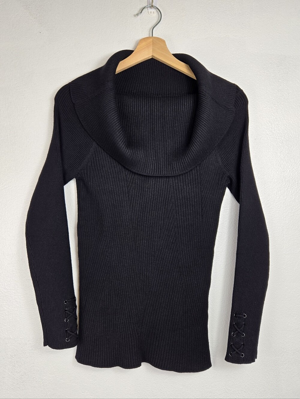 WHBM Cowl Neck Ribbed Knit Sweater Black Long Sleeve Stretchy Small Criss Cross